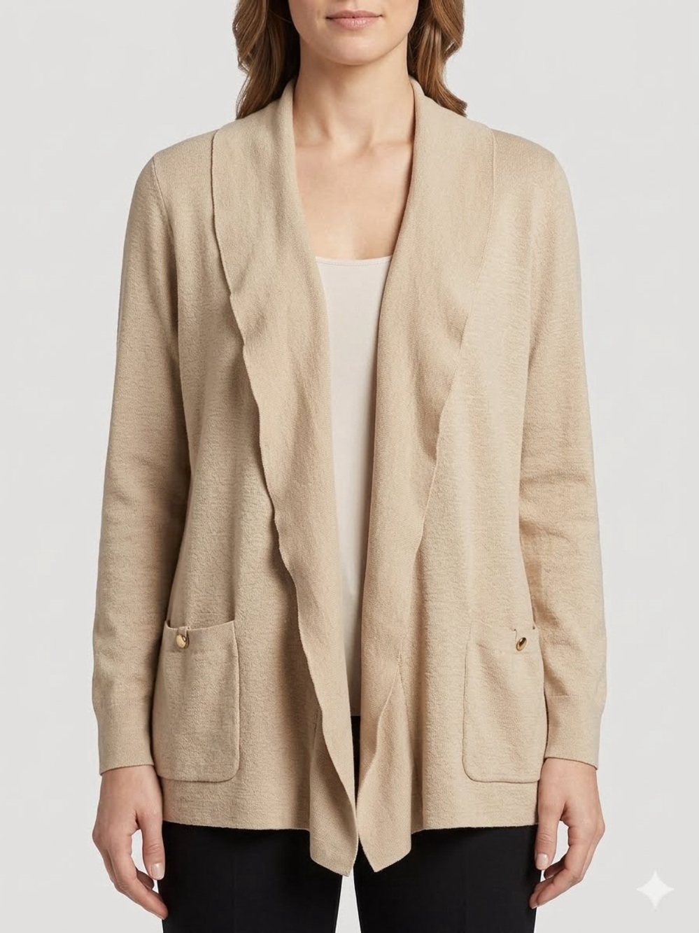 Jones New York Tan Ruffle Cardigan Sweater Grandma Academic Minimalist Office 2X